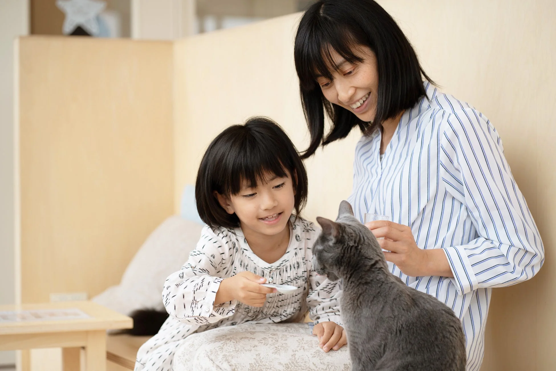 猫とふれあう親子の様子