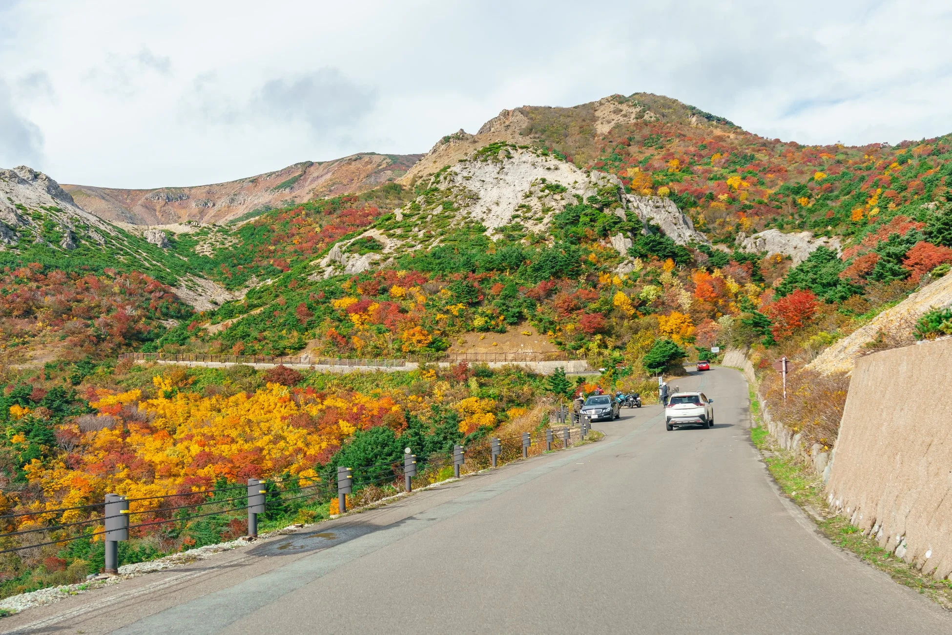 秋の紅葉が美しい山道を車が走る風景