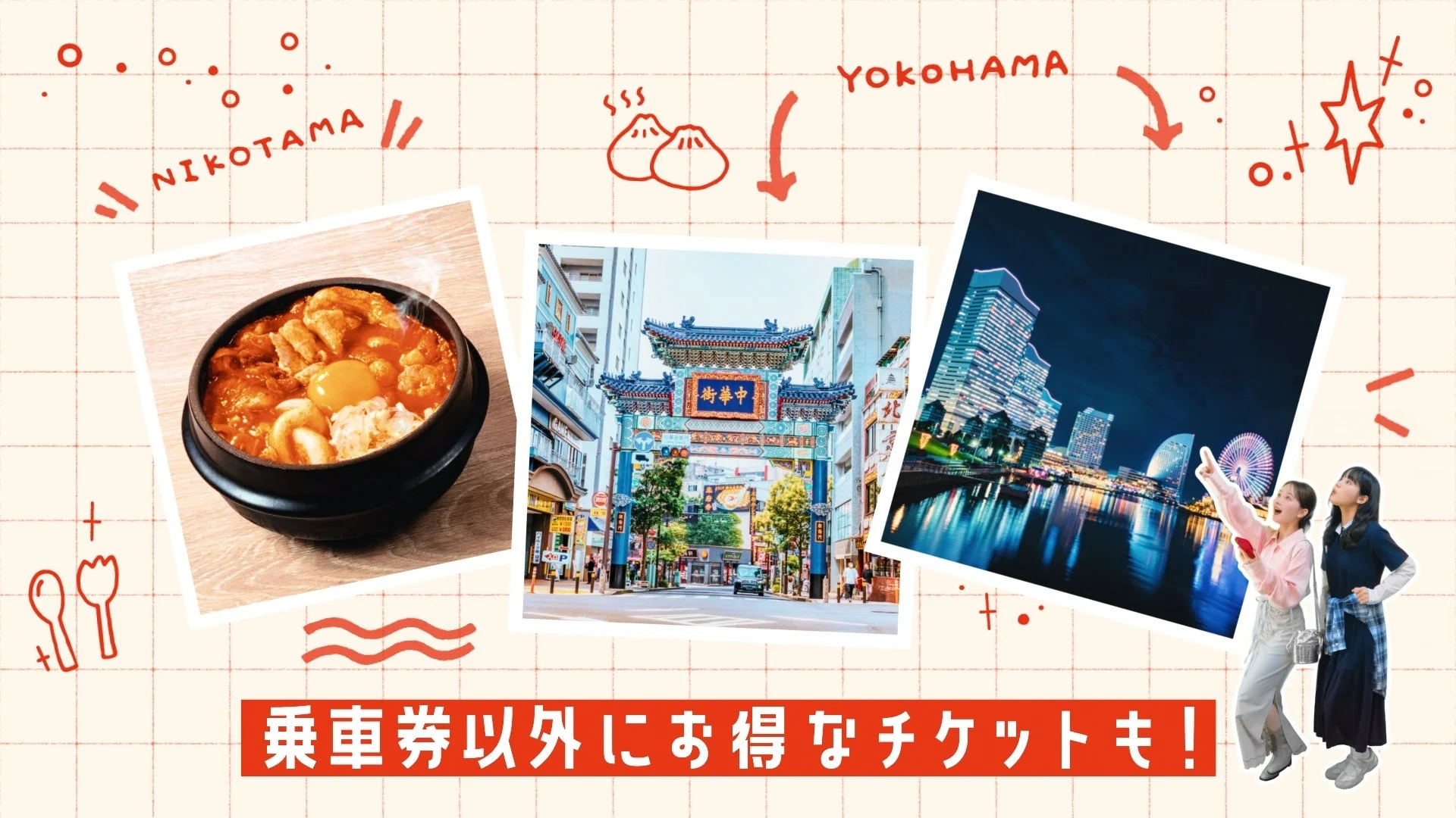 二子玉川から横浜への旅行をテーマにした画像。横浜中華街の門、みなとみらいの夜景、鍋料理、小籠包のイラストが描かれ、お得なチケットがあることを示唆しています