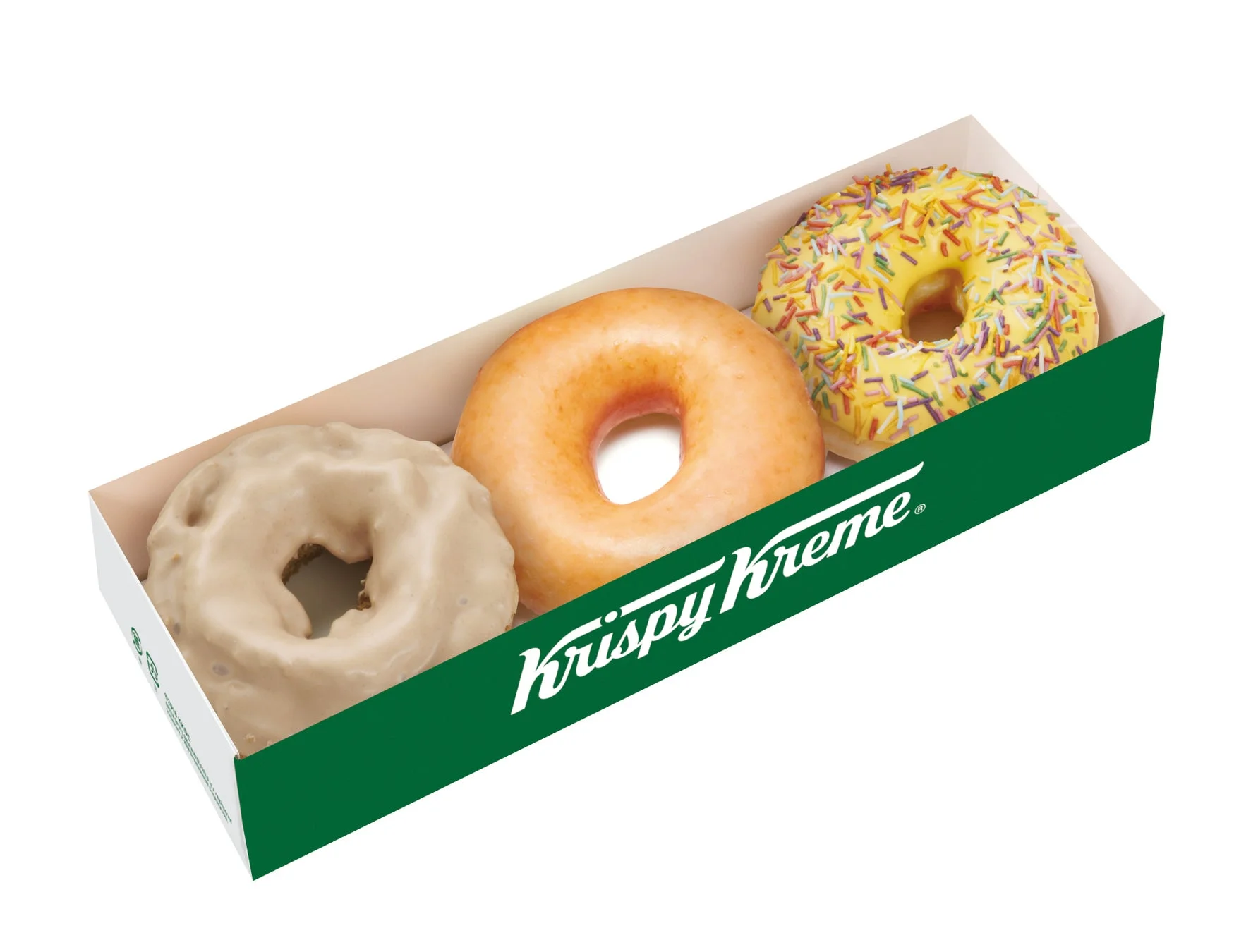 クリスピー・クリーム・ドーナツの緑色の箱に入った3つのドーナツ