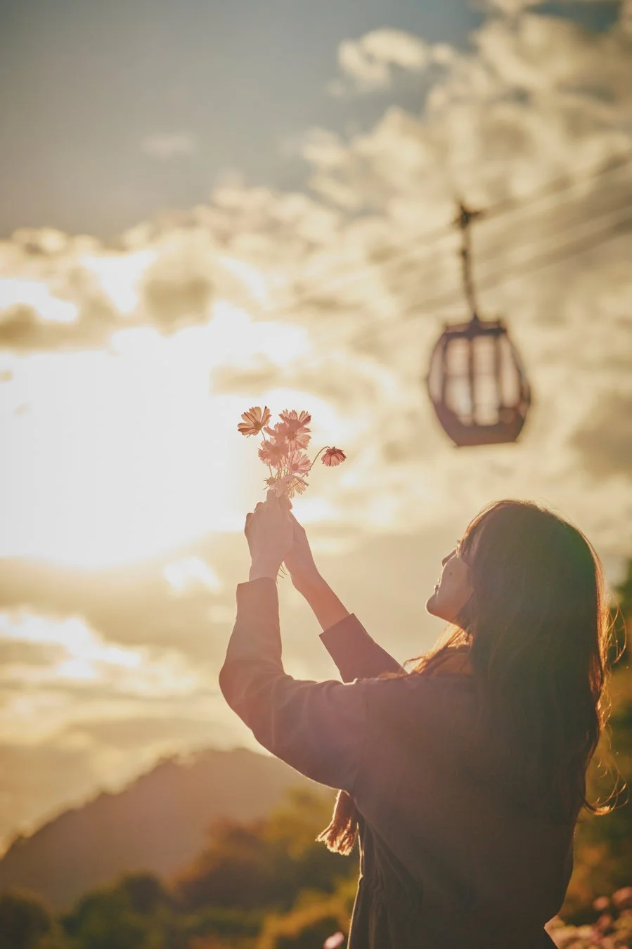 夕焼けの花と女性