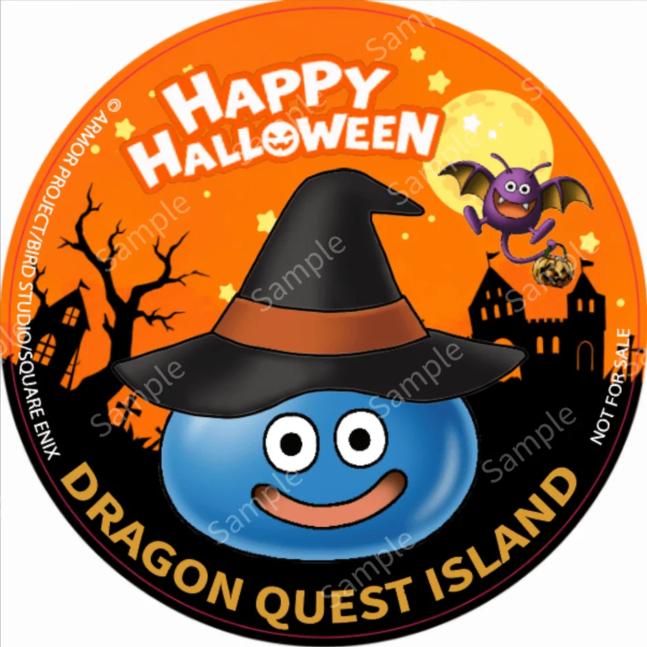 ハロウィンをテーマにした、ドラゴンクエストのスライムが魔女の帽子をかぶったイラスト