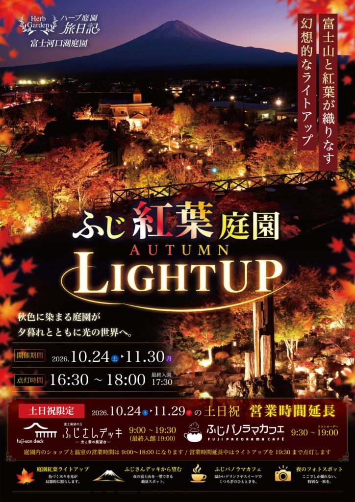 「ふじ紅葉庭園 AUTUMN LIGHT UP 2026」10月24日（土）より開催！土日祝日は「ふじさんデッキ」「ふじパノラマカフェ」の夜間特別営業も実施