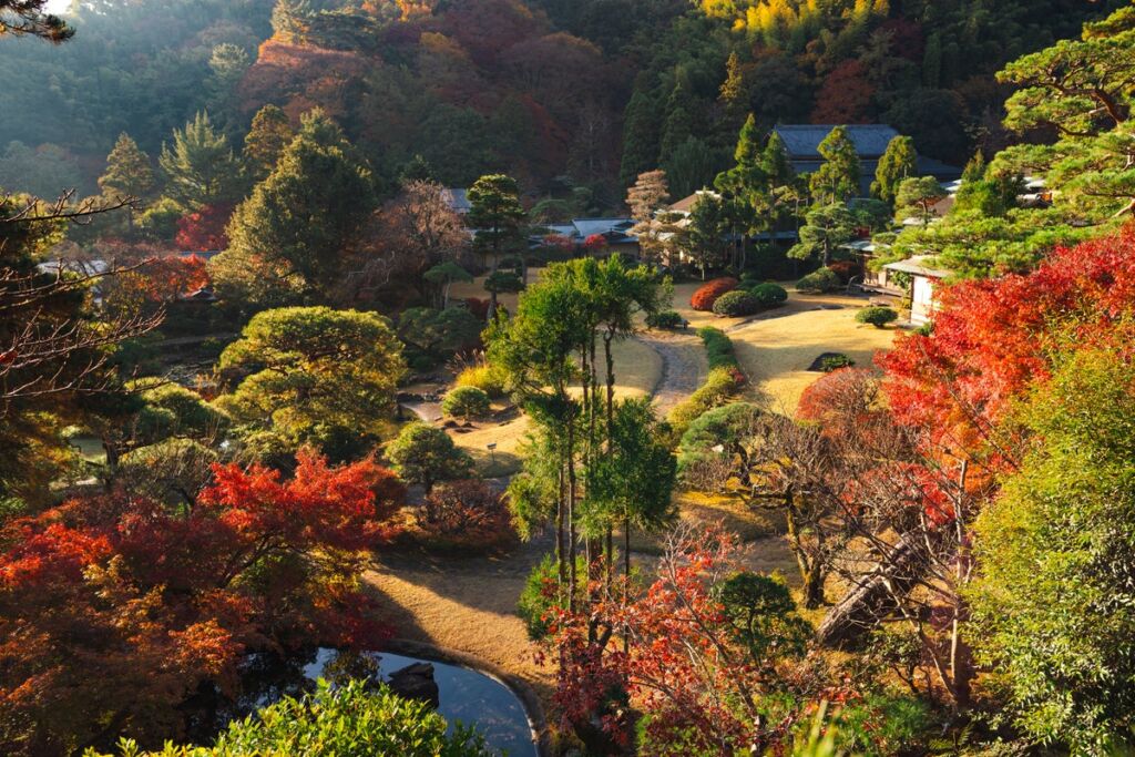 伊豆長岡温泉 三養荘の「日本庭園カフェ」が好評につき期間延長、紅葉の庭を登録有形文化財の本館から