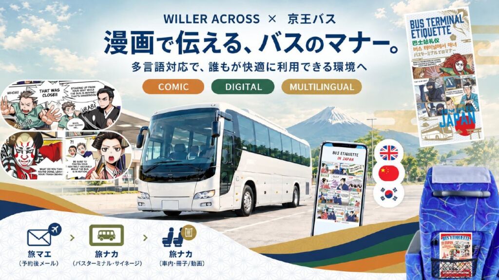 【観光庁採択事業】WILLER ACROSS×京王バス、高速バスの快適な利用環境づくりに向けた「マナーコミック実証」を開始 ～漫画×デジタルで、インバウンド観光客のマナー・ルールへの理解を促進～