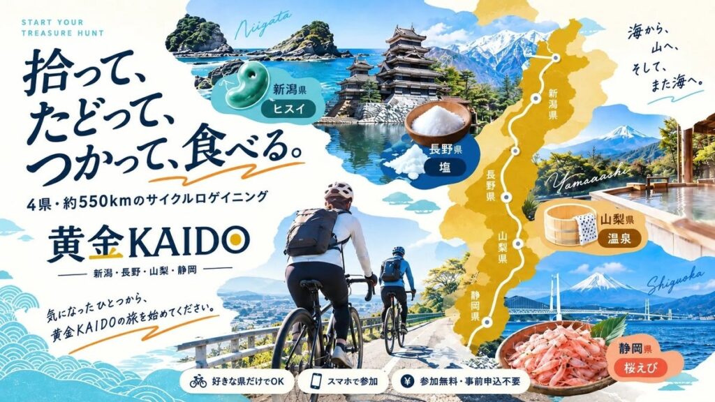 ヒスイ・塩・温泉・桜えび…自転車で4県の”宝”をさがす旅へ。「黄金KAIDOサイクルロゲイニング」開催中! 参加無料・スマホでOK